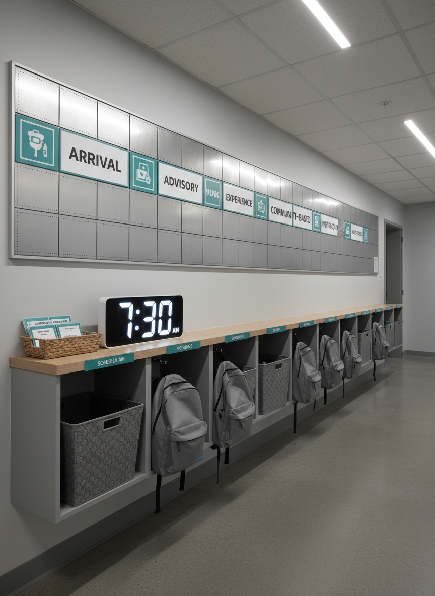 A structured morning routine station in a specialized high school microschool hallway, featuring a long magnetic visual schedule board with removable picture tiles for arrival, advisory, work experience, and community-based instruction. Below it, individual cubbies with bold name labels contain identical fabric bins and neatly hung backpacks hooks, all in calm gray and teal tones. A narrow console shelf holds a digital clock with oversized numbers and a basket of laminated schedule changes. Overhead linear LED lighting creates bright, even illumination, with subtle reflections on the magnet board and soft shadows along the floor. Photographic realism at a slightly low angle emphasizing the length of the hallway, evoking predictability, safety, and professional organization, with no people present anywhere in the scene.