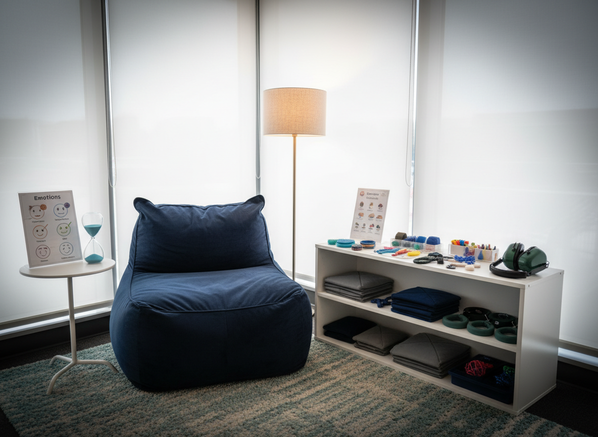 A serene sensory regulation corner in a specialized high school microschool, featuring a deep navy beanbag chair with a velvety texture beside a low white bookshelf stocked with weighted lap pads, textured fidget tools, and noise-reducing ear muffs. A soft woven rug in muted teal grounds the space, while a small side table holds a visual emotions chart and a simple hourglass timer with blue sand. The corner is tucked beneath a large window with diffused overcast light filtered through translucent blinds, complemented by a dimmable floor lamp. Photographic realism with a slightly wide-angle, eye-level composition, gentle vignetting, and soft shadows creates a calm, safe, and professional atmosphere for sensory breaks, intentionally free of any people.