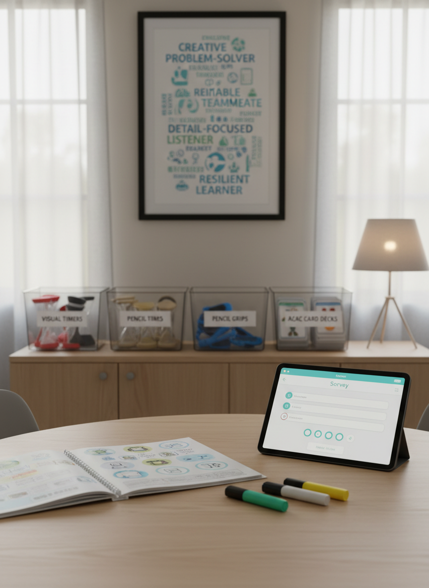 A calm assessment and strengths-mapping room, with a round light-wood table at the center holding a strengths inventory packet with icons, color-coded highlighters, and a tablet displaying a simple, accessible survey interface. On the wall, a framed strengths-based word cloud in cool blues and greens features terms like “creative problem-solver,” “reliable teammate,” and “detail-focused.” A low cabinet supports clear bins of adaptive tools—visual timers, pencil grips, and AAC card decks—each labeled in large print. Gentle morning sunlight filters through a frosted window, softened by sheer curtains, while a small table lamp provides warm task lighting. Photographic realism from an eye-level perspective with shallow depth of field keeps the table contents in sharp focus and the background slightly softened, creating a respectful, reflective, and professional atmosphere without any human subjects.