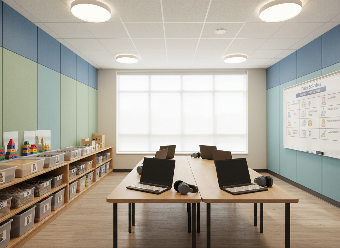 A bright, modern classroom designed for exceptional learners, featuring low open shelving with neatly organized colorful manipulatives, textured sensory bins, and clear picture labels on every container. In the center, wide collaborative tables hold sturdy laptops with large-print keyboards and noise-canceling headphones resting beside them. The room is framed by soft acoustic wall panels in calming blues and greens, and a large whiteboard displaying a structured daily schedule with icons. Natural daylight pours through tall windows with sheer shades, softened by warm overhead LEDs, creating a calm, focused atmosphere. Photographic realism at eye level with sharp focus throughout, emphasizing an inviting, professional, strengths-based learning environment for high school students with intellectual and developmental disabilities, without showing any people.
