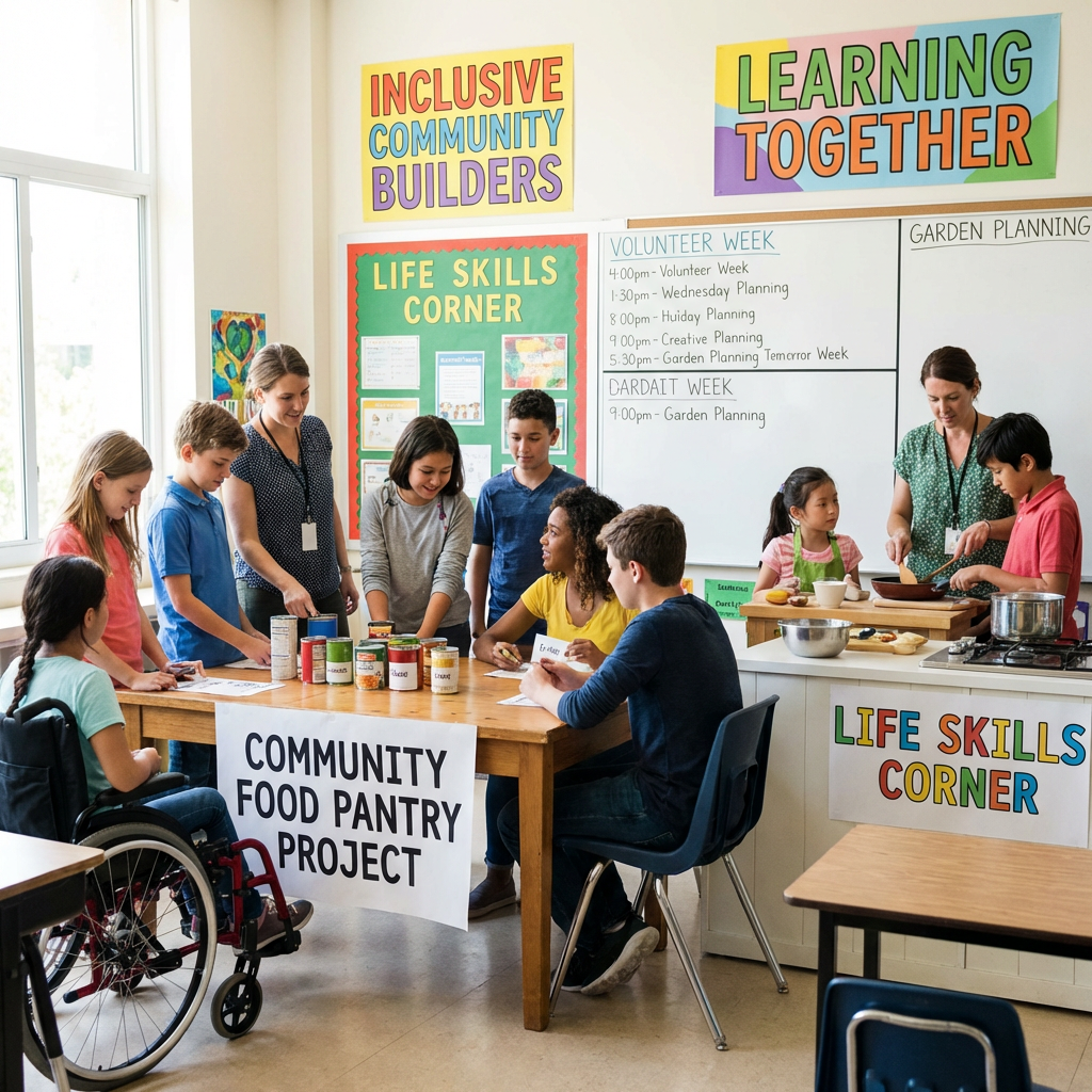 Signs for Inclusive Community Builders, Learning Together, Life Skills Corner, Volunteer Week, and Community Food Pantry Project.